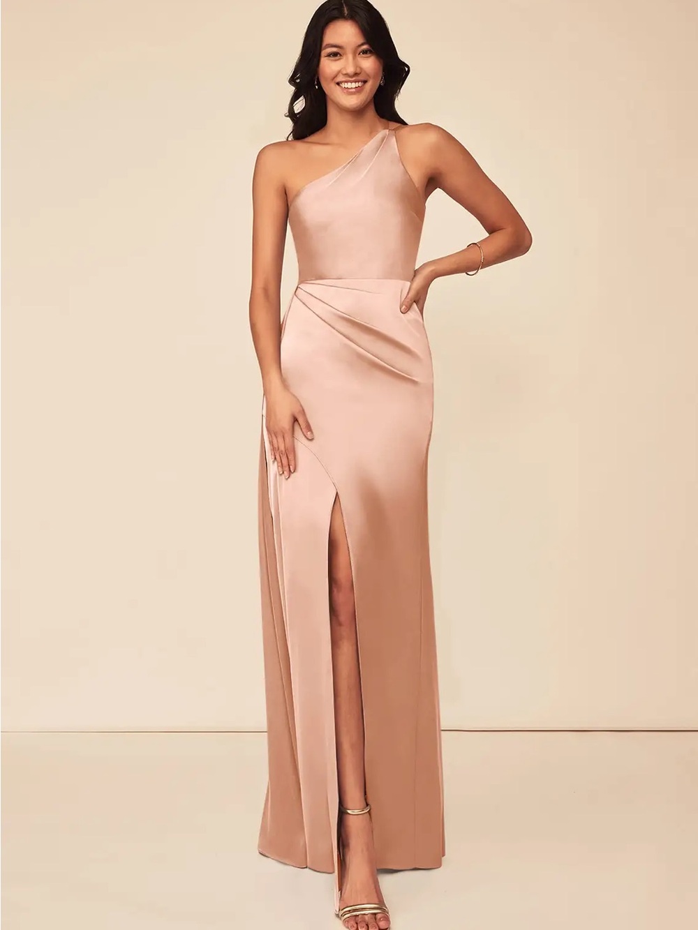 Azazie Maron Rose Gold A-Line One Shoulder Stretch Satin Dress (OWO)